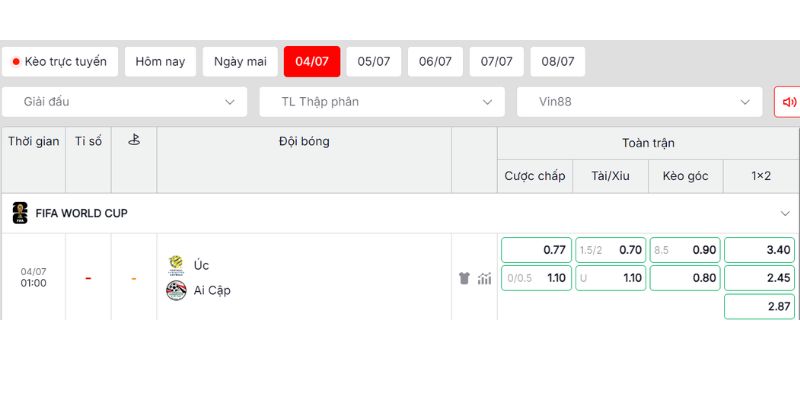 Kèo Châu Âu trận Úc vs Ai Cập 04/07/2026